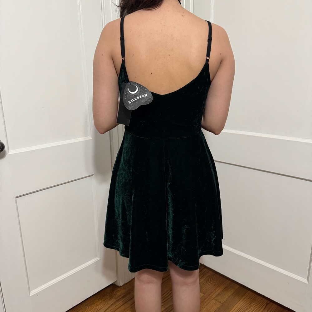 Killstar Strappy Velvet Mini Dress in Dark Green - Picture 2 of 11